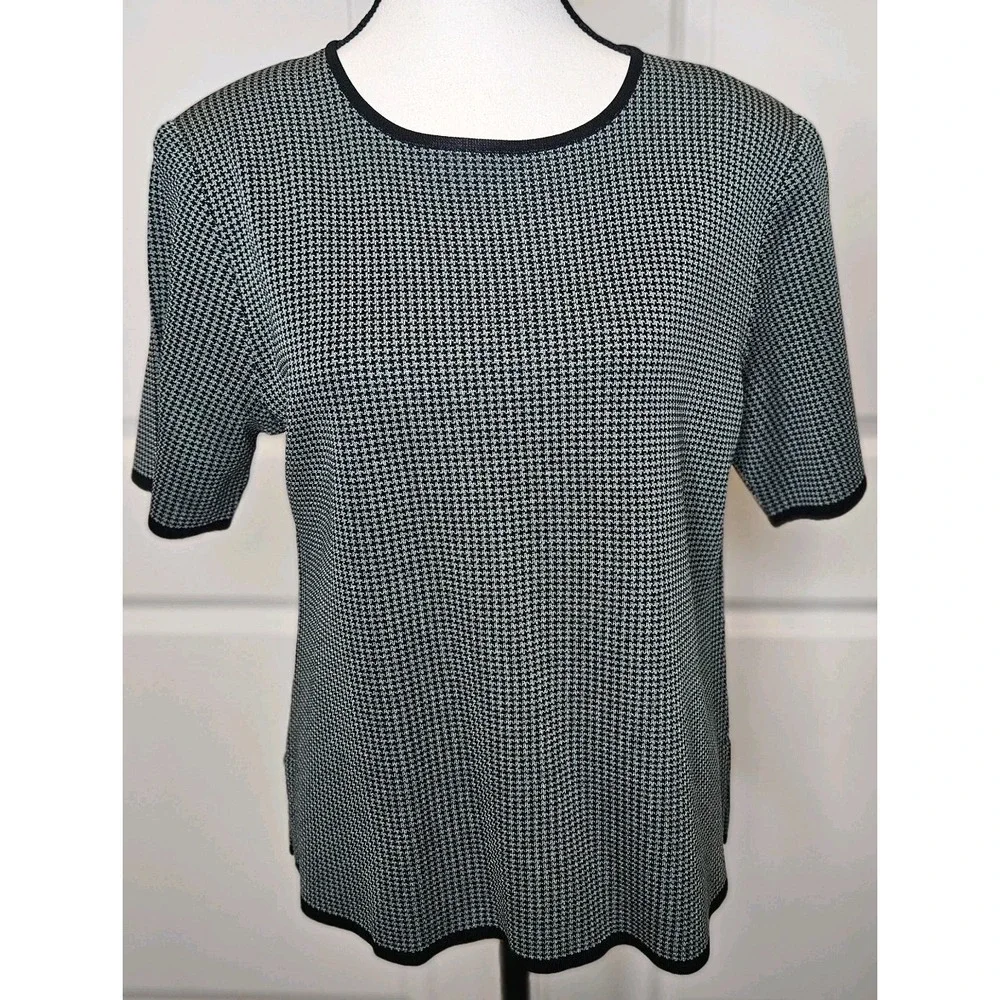 Misook Petite Shortsleeve Sweater Houndstooth Pullover Size Medium Contrast Trim